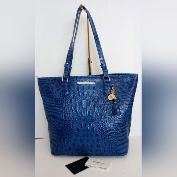 Brahmin Medium Asher Croc Embossed Leather Tote Purse Cobalt Blue